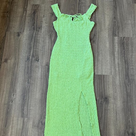 NEW Free People Beach Eleni Bodycon Maxi Cotton Blend Smocked Green Dress Sz L - Picture 7 of 14